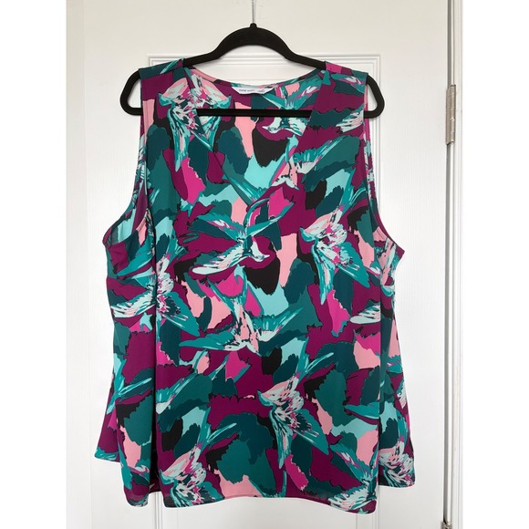 Nine West Tops - Nine West Womens 2X Abstract Floral Sleeveless V-Neck Blouse Magenta Teal Pink